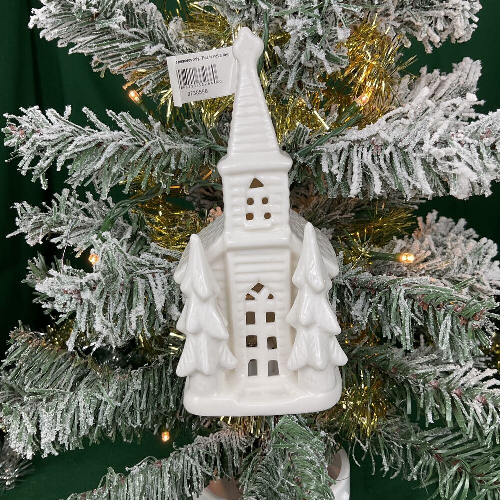 White Ceramic Light Up Church Christmas Ornament LED Glowing Chapel Pine Trees